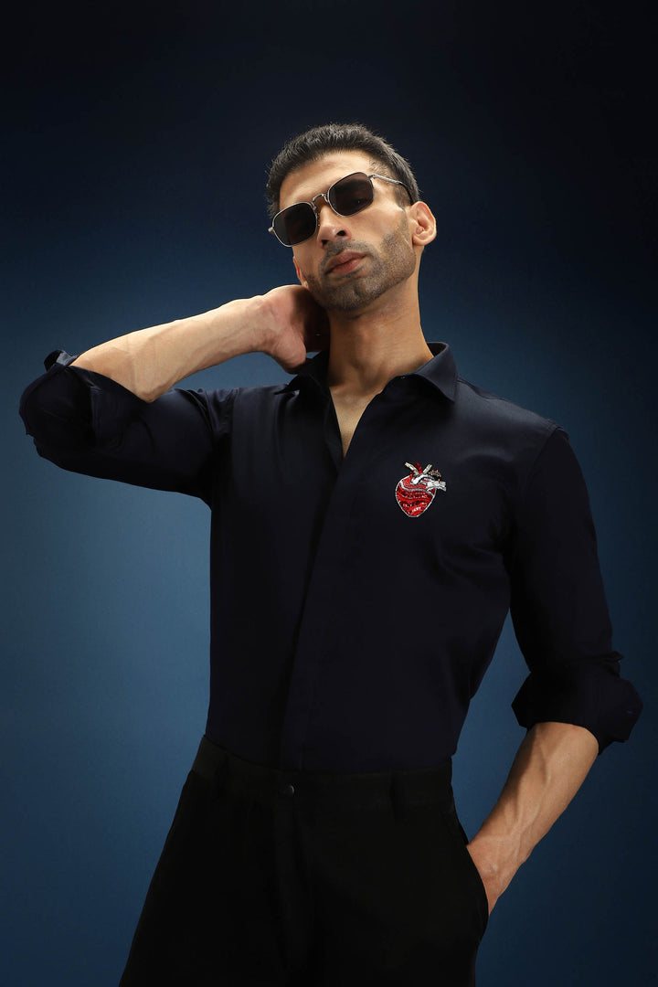 Biological Heart - Hand Embroidered Designer Shirt - Navy