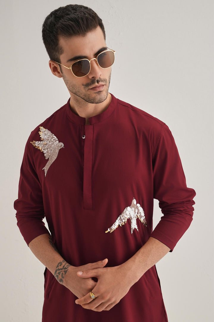 Nestling(Bird) Hand Embroidered Designer Kurta - Burgundy