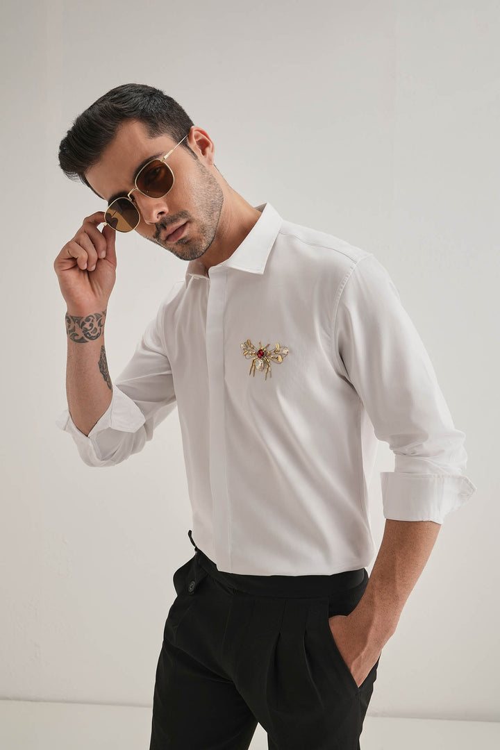 Wasp - Hand Embroidered Designer Shirt - White