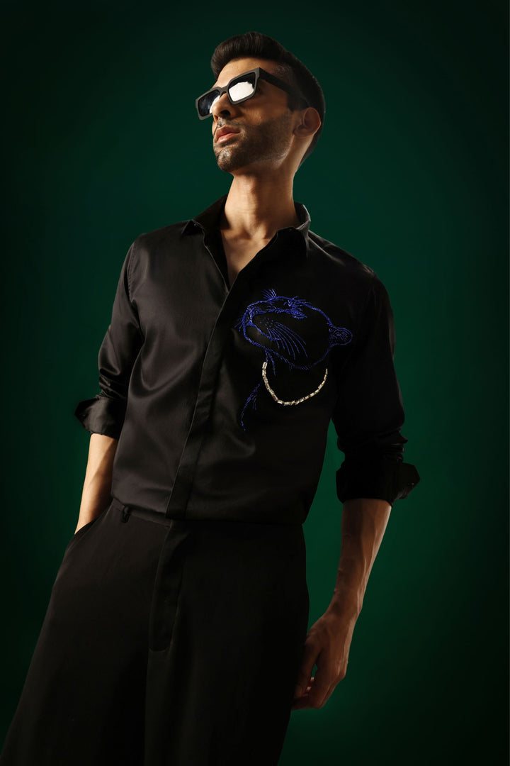 Phantom(Panther) - Hand Embroidered Designer Shirt - Black