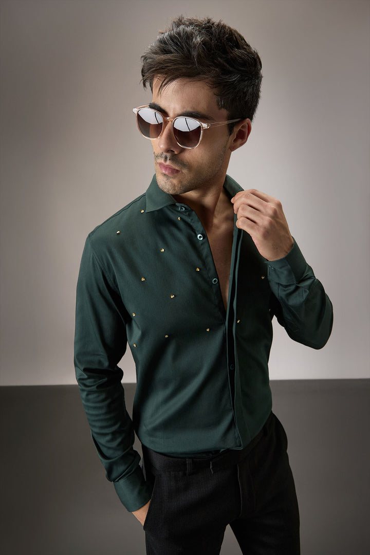 Heart Allover - Hand Embroidered Designer Shirt - Bottle Green