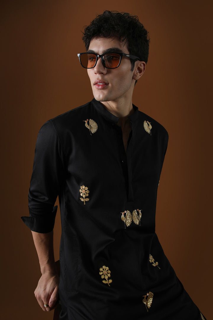 Peacock Hand Embroidered Designer Kurta - Black