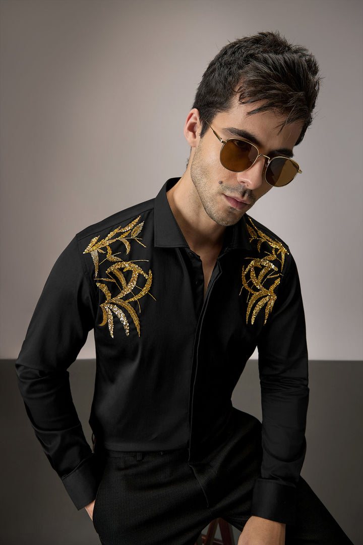 Shoulder leaves - Hand Embroidered Designer Shirt - Black