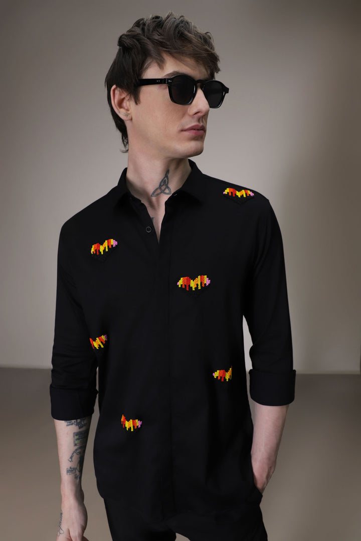 Hearts hand embroidered designer shirt -Black