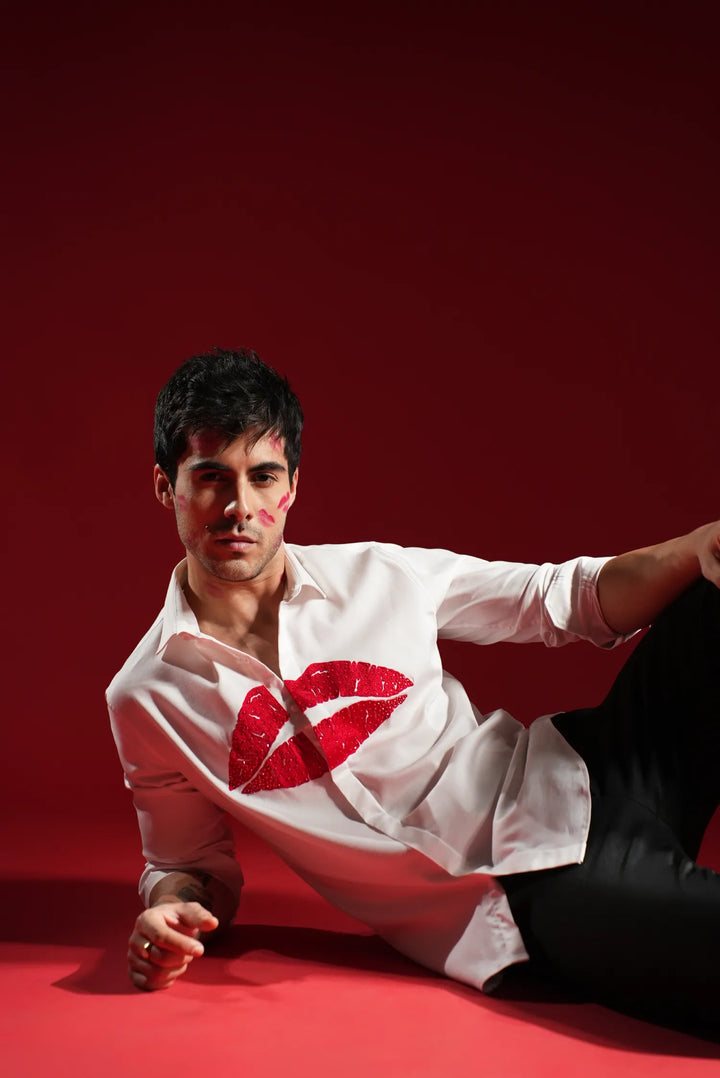 Lips - Hand Embroidered Designer Shirt - White