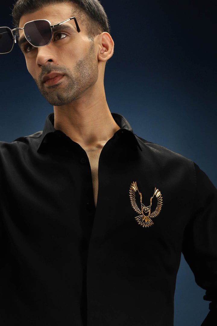 Owl - Hand Embroidered Designer Shirt - Black
