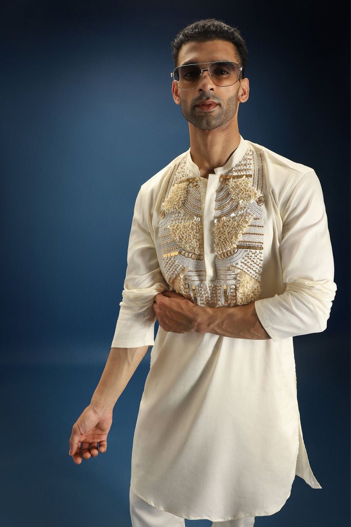 Pearl Yoke Hand Embroidered Designer Kurta - Ivory