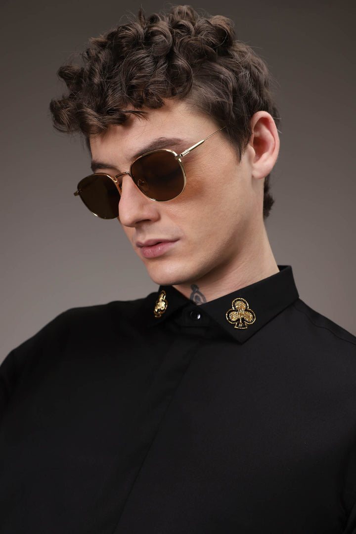 Gold Club Born to Win Hand Embroidered Designer Shirt - Black