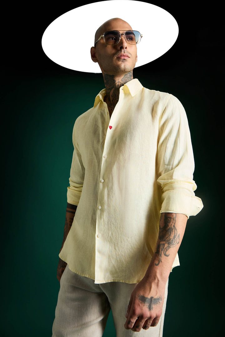 Heart Hand Embroidered Irish Linen Shirt - Mellow Yellow