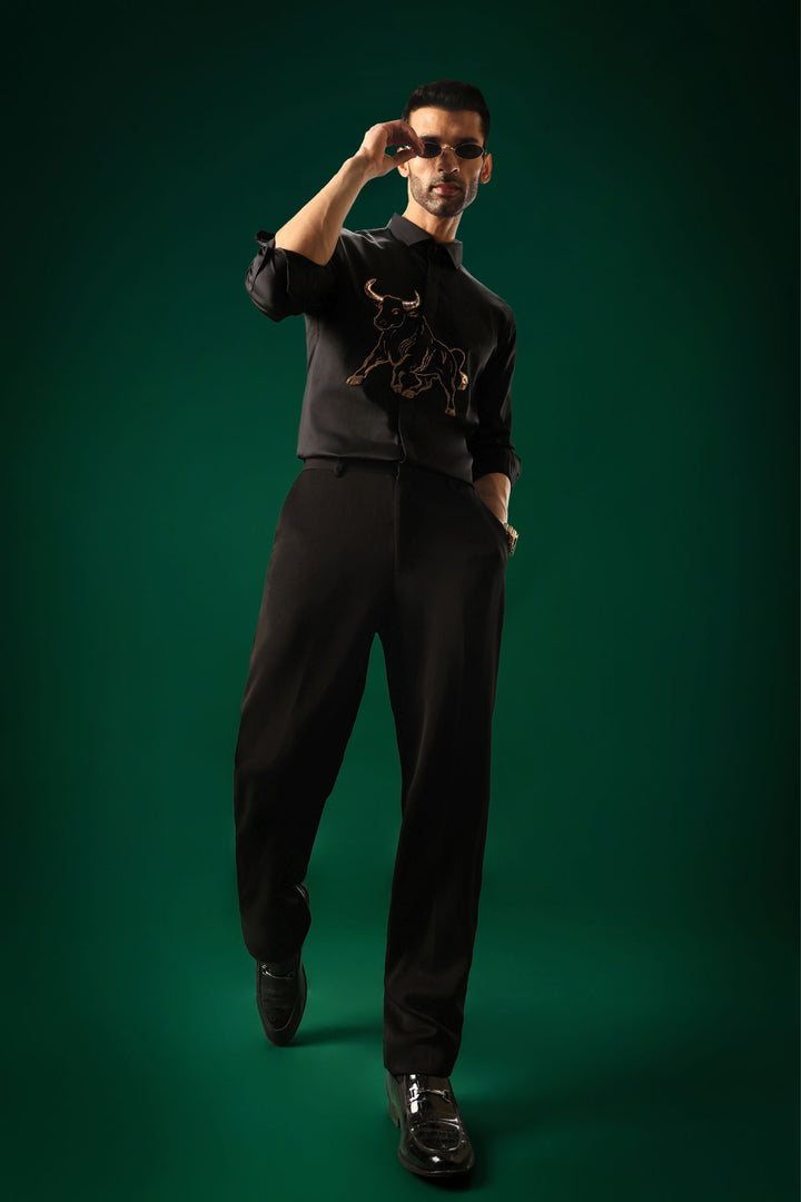 Gini(Bull) - Hand Embroidered Designer Shirt - Black