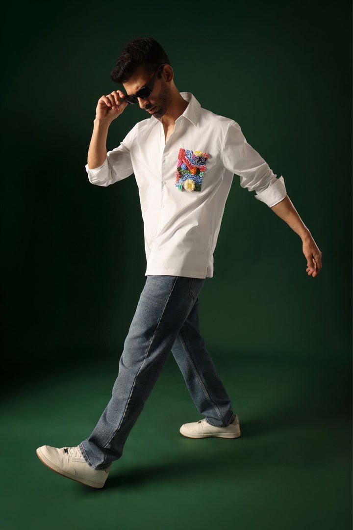 Reef - Hand Embroidered Oversized Designer Shirt - White