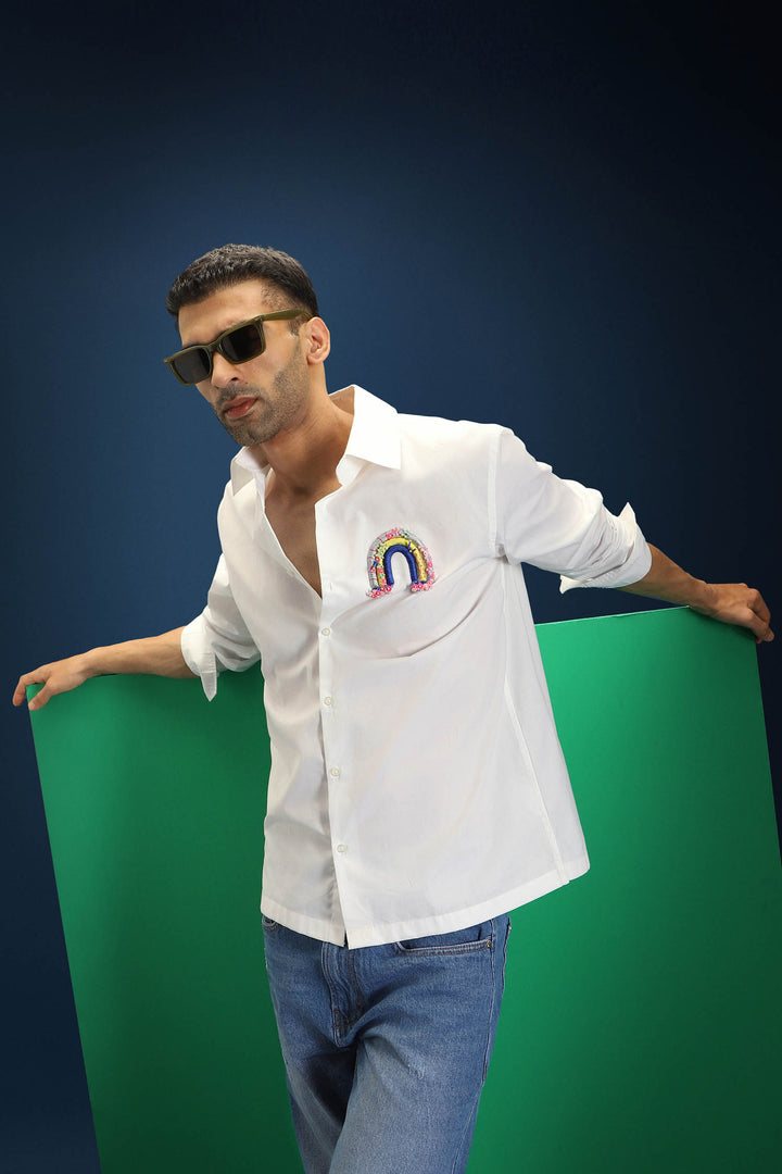 Rainbow Hand Embroidered Oversized Designer Shirt - White