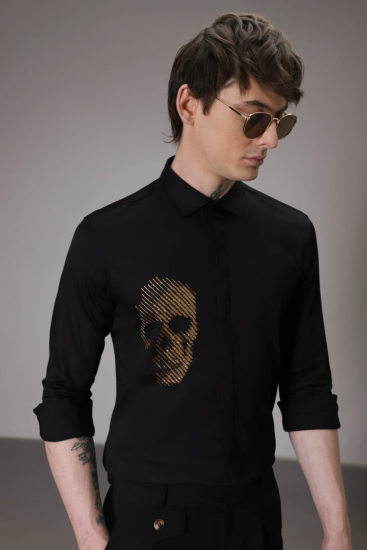 Skull Black Hand embroidered designer shirt - Black