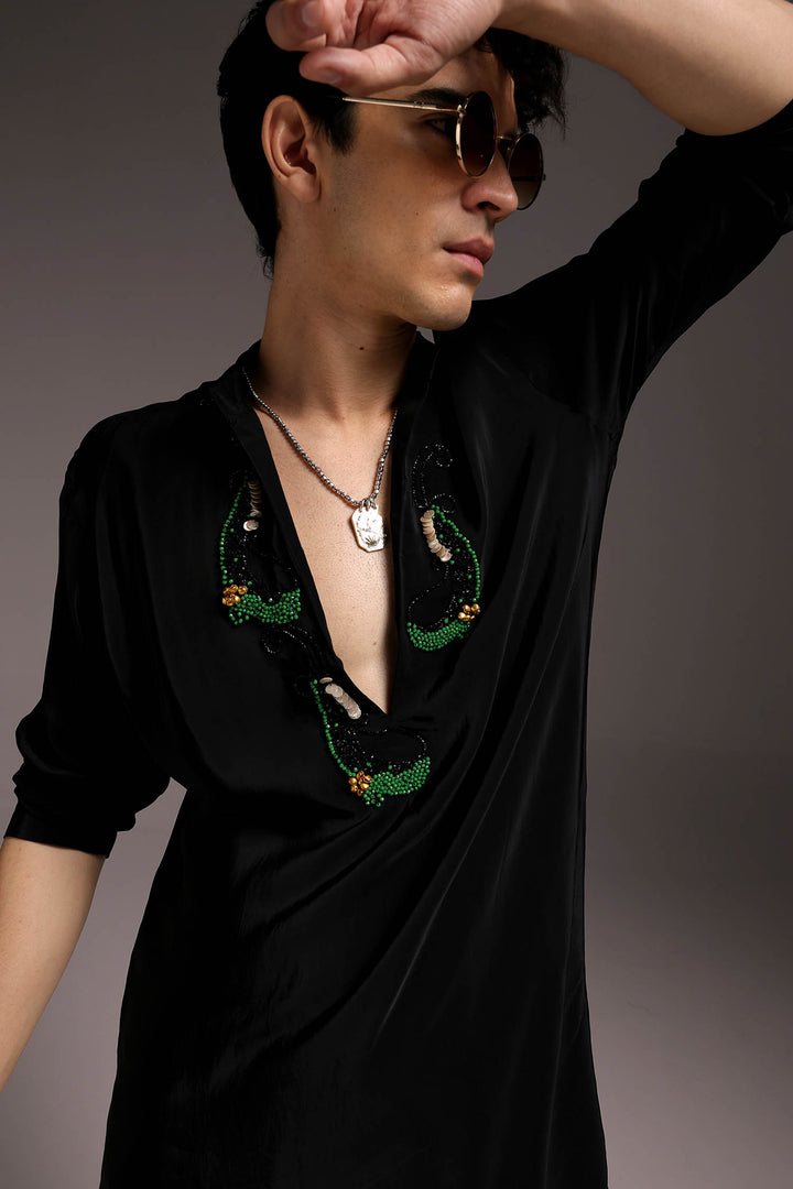 Ambi (Paisley) - Hand Embroidered Designer Kurta - Black