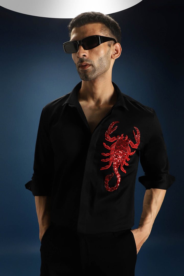 Scorpion Hand Embroidered Designer Shirt - Black