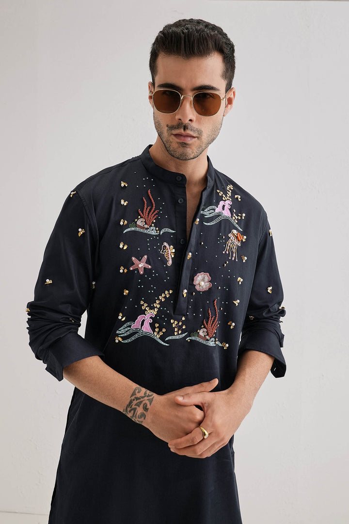 Brine - Hand Embroidered Designer Kurta - Navy