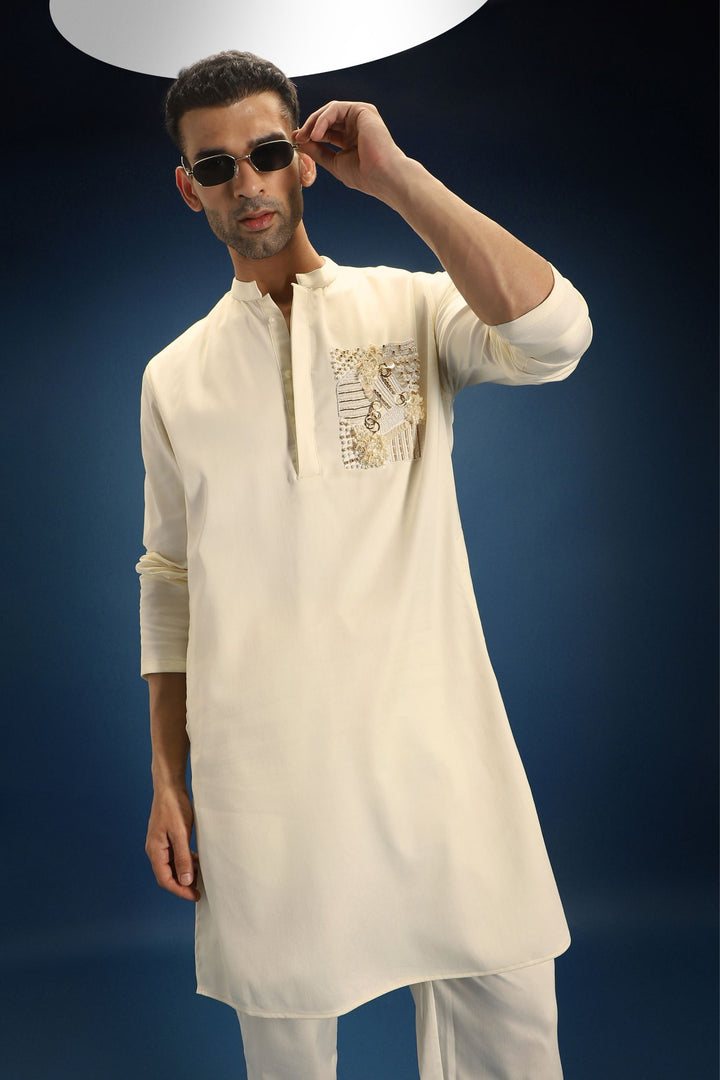 Noor Patch Hand Embroidered Designer Kurta - Ivory