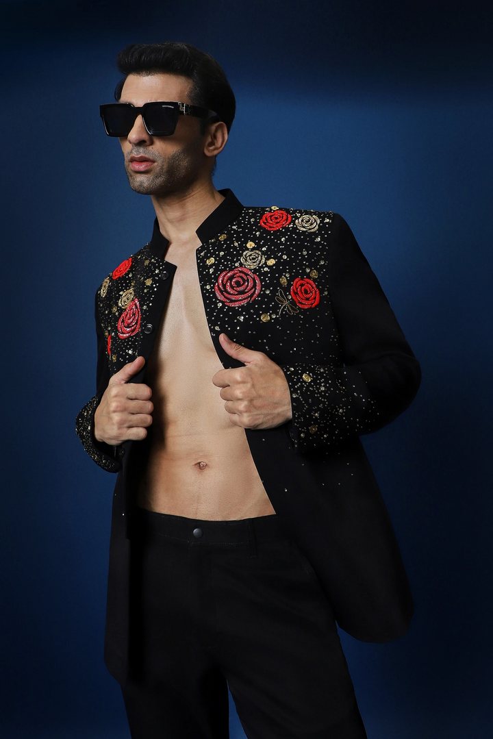 Celestial Rose Hand Embroidered Bandhgala - Black