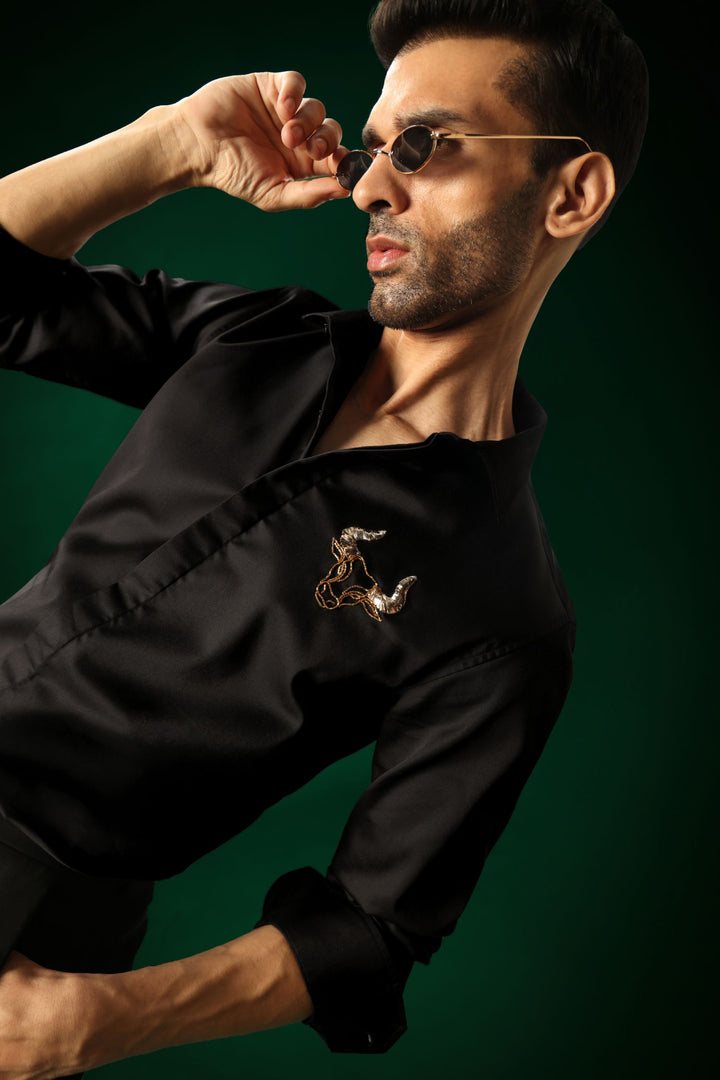 Bison(Bull) - Hand Embroidered Designer Shirt - Black