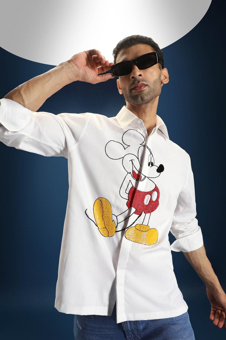Mickster(Mickey Mouse)- Hand Embroidered Oversized Designer Shirt - White
