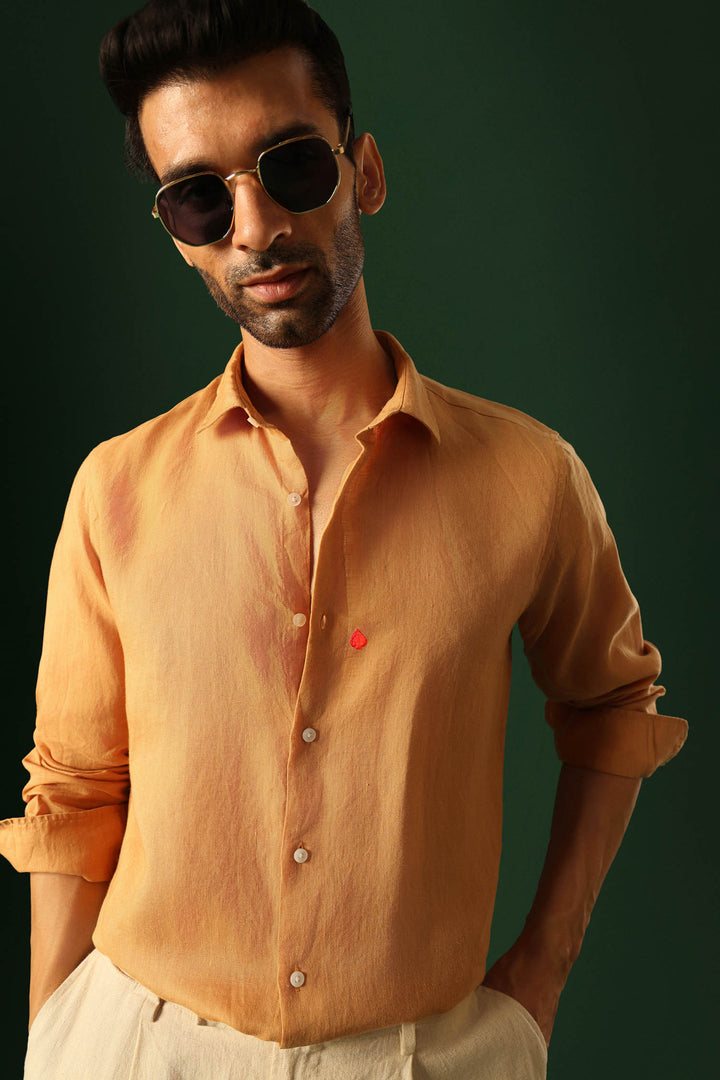 Spade Hand Embroidered Irish Linen Shirt - Pumpkin