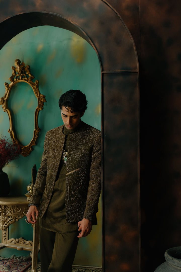 Olive Hand Embroidered Silk Short Jacket Set