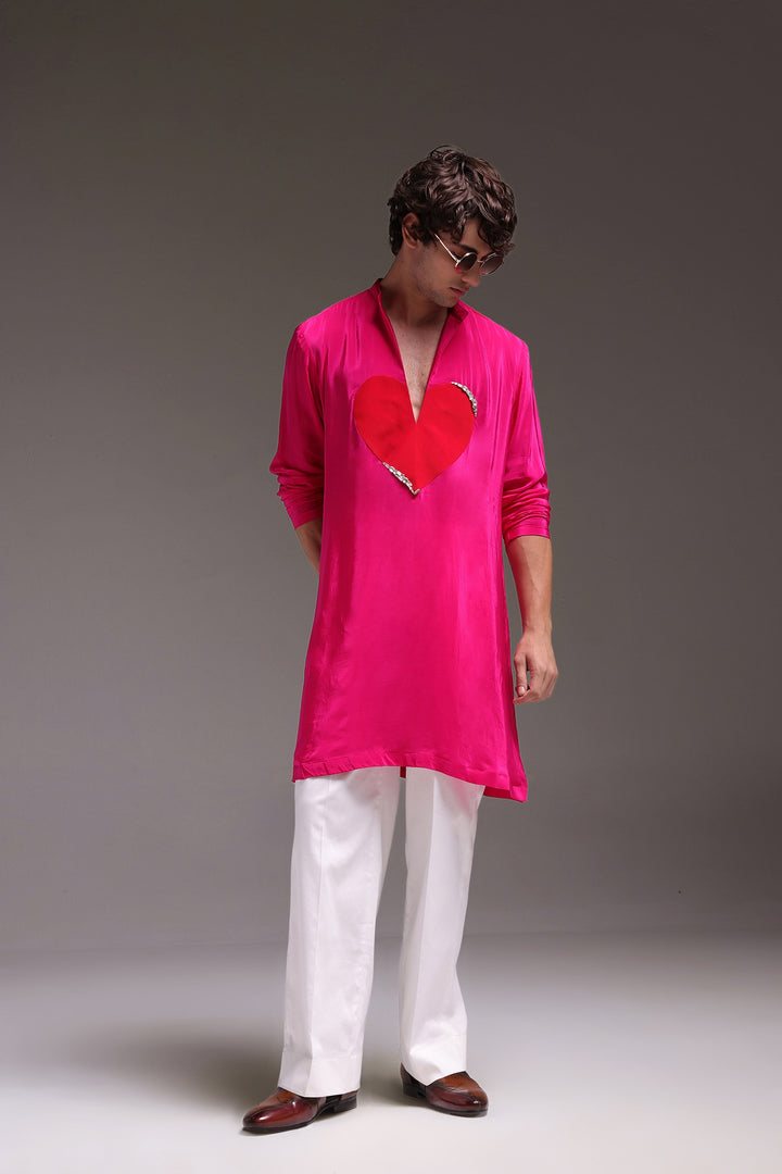HeartThrob (Rhinestone) - Hand Embroidered Designer Kurta - Hot Pink