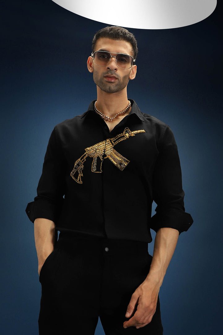 Sone Ki Bandook(Gun) - Hand Embroidered Designer Shirt - Black