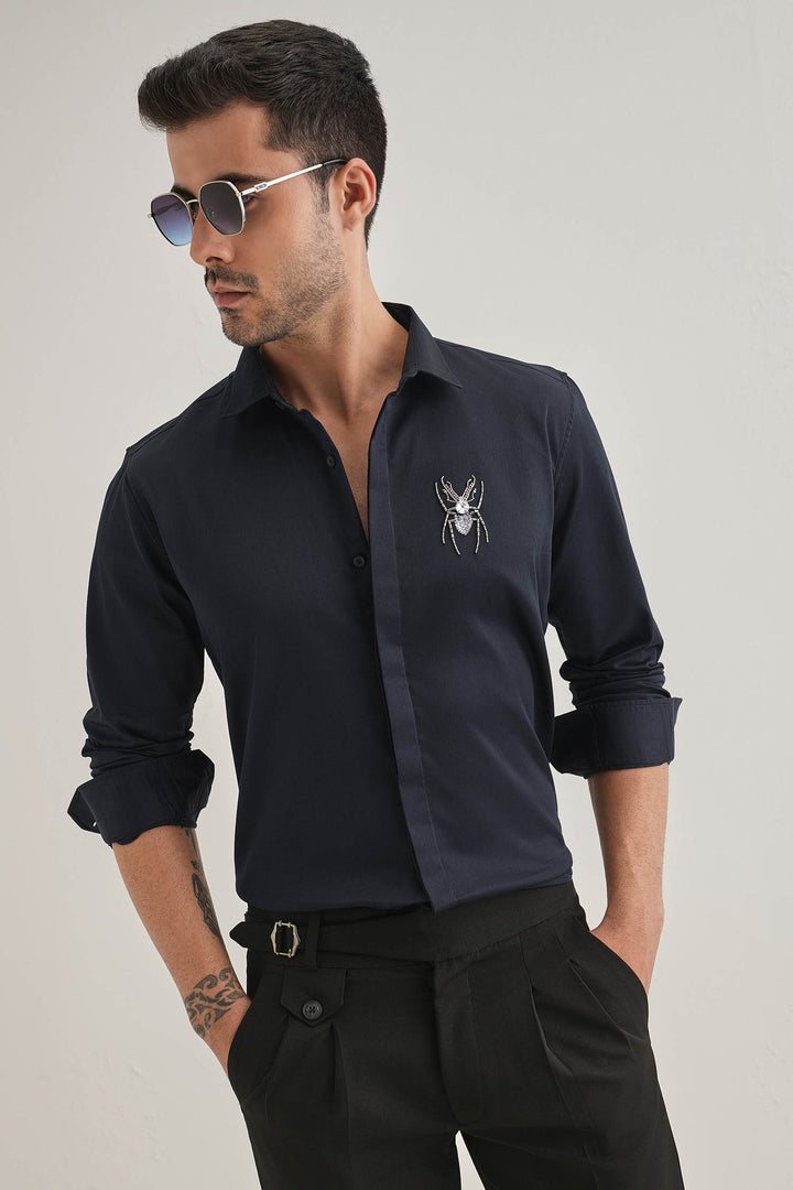 Daddy Long Legs(Spider) - Hand Embroidered Designer Shirt - Navy