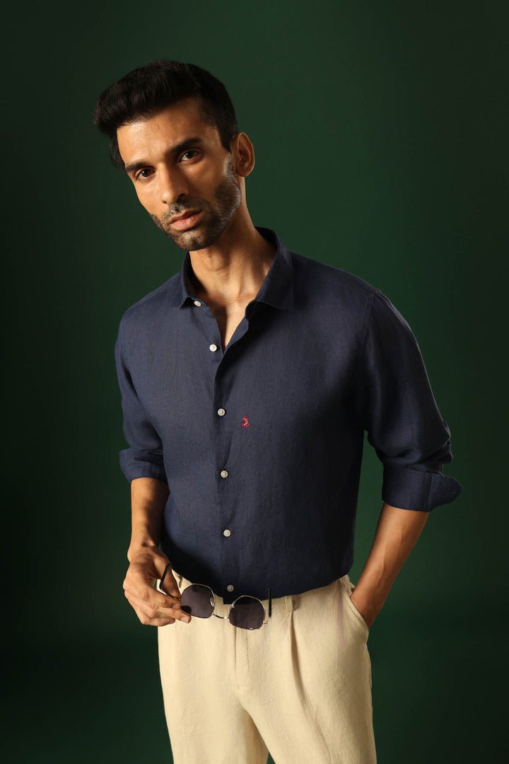 Anchor Hand Embroidered Irish linen shirt - Navy