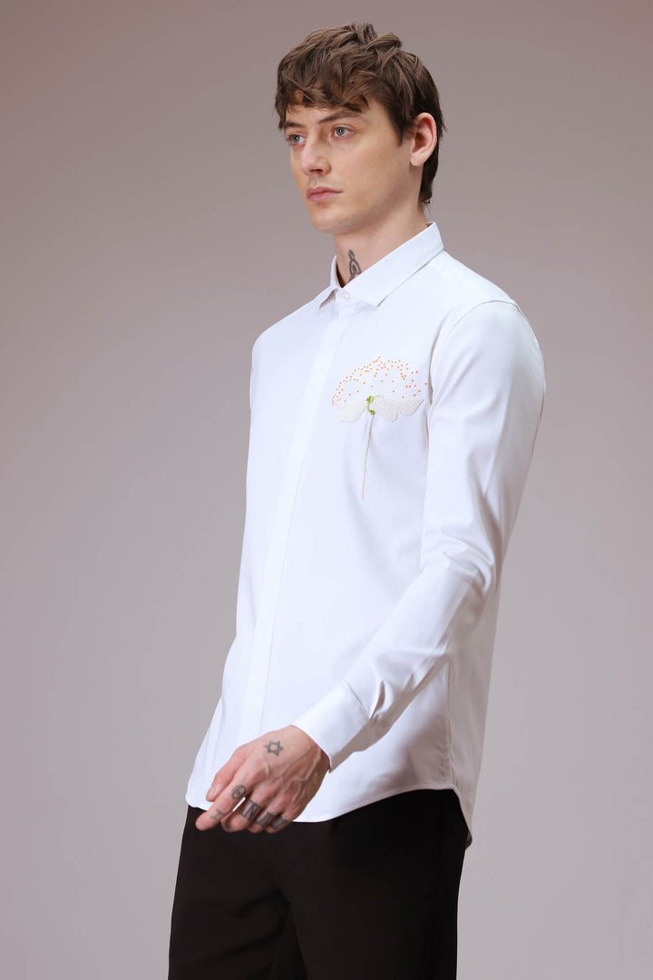 Dandelion Flower hand embroidered designer shirt - White