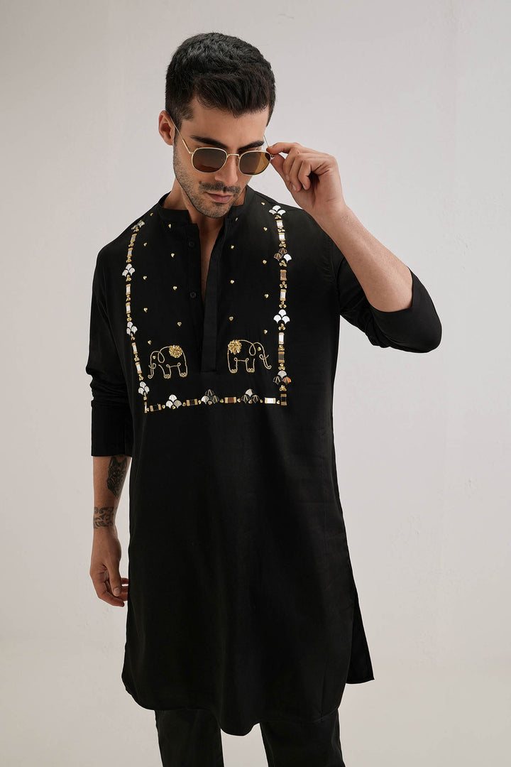Gaja(Elephant)- Hand Embroidered Designer Kurta - Black