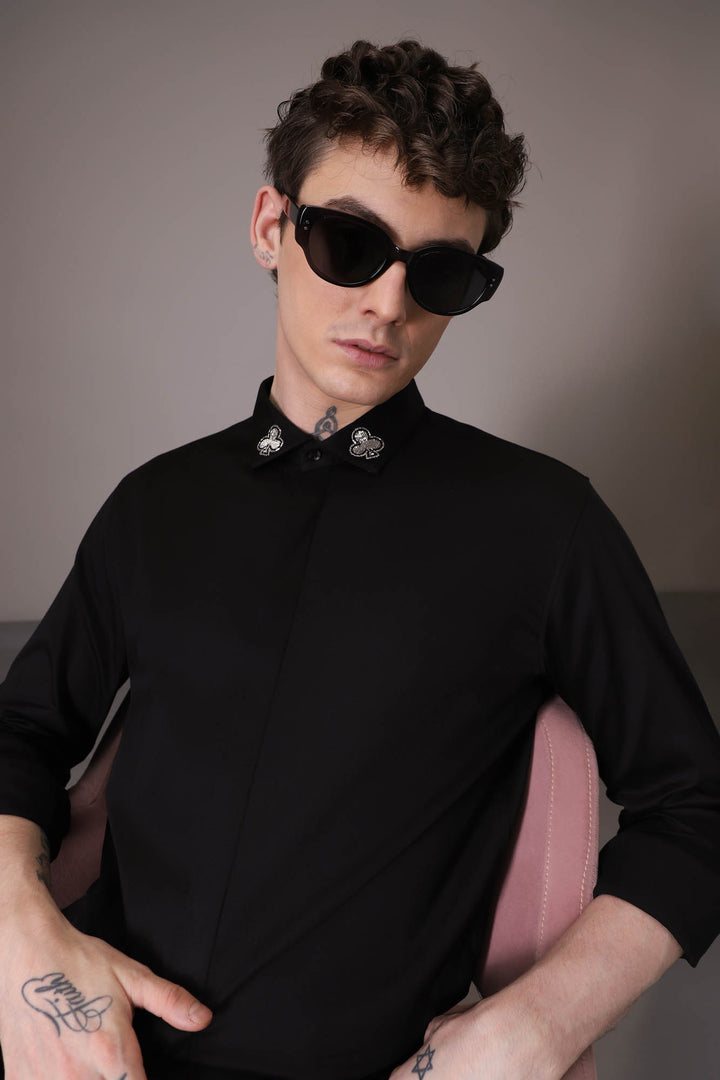 Silver Club Born to Win hand embroidered designer shirt - Black