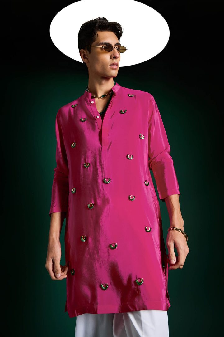 Spiral Hand Embroidered Designer Kurta - Hot PInk