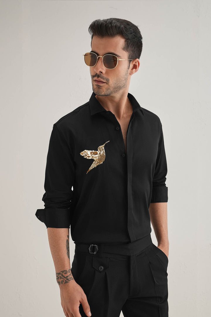 Birdie(Bird) - Hand Embroidered Designer Shirt - Black