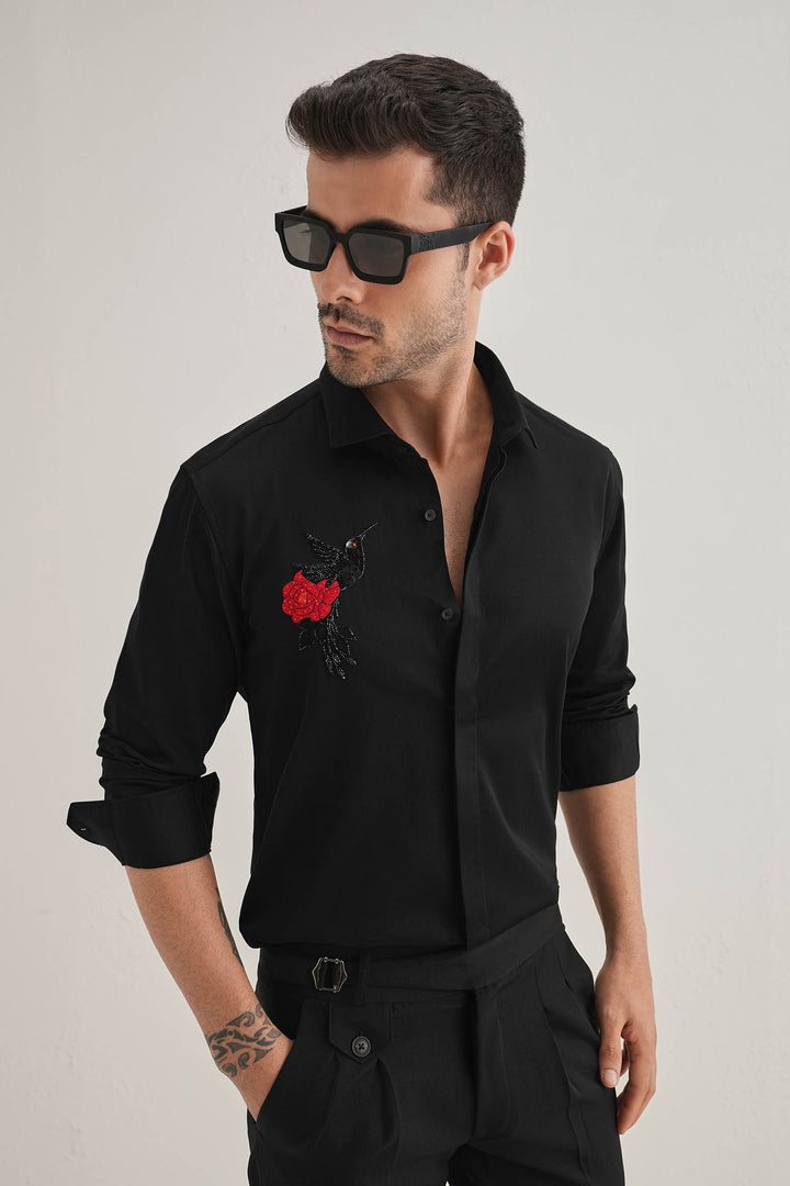 Song Bird - Hand Embroidered Designer Shirt - Black