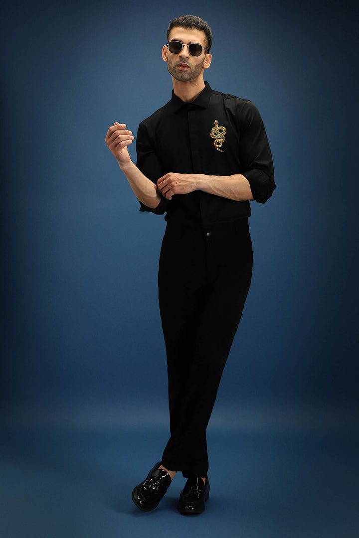 Vish(Snake) - Hand Embroidered Designer Shirt - Black