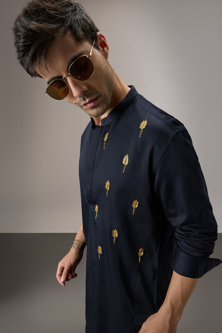 Posy Gold(Floral) - Hand Embroidered Designer Kurta - Navy