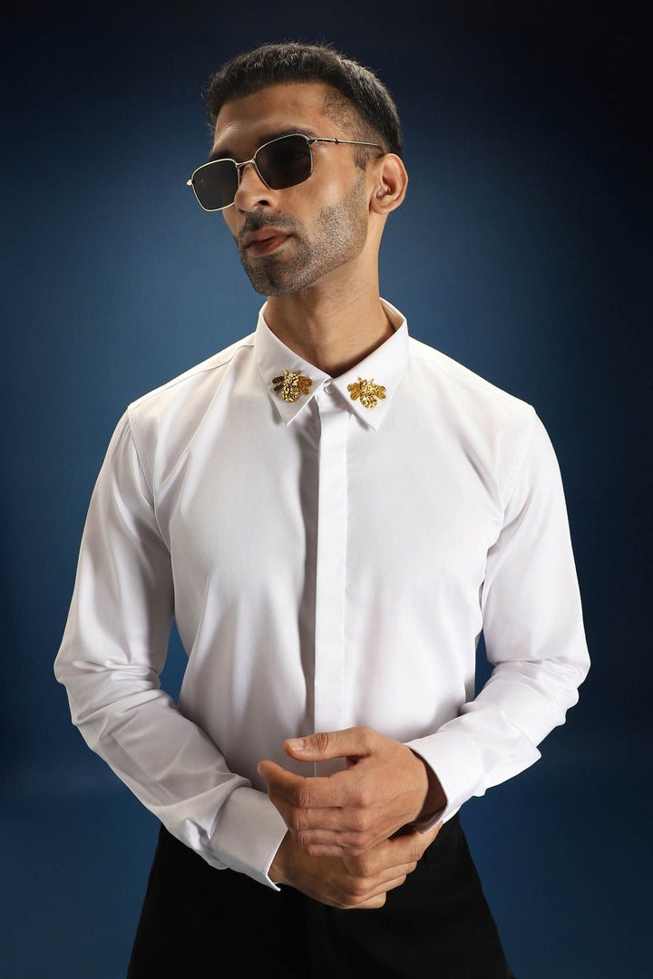 Collar Bumblebee - Hand Embroidered Designer Shirt - White