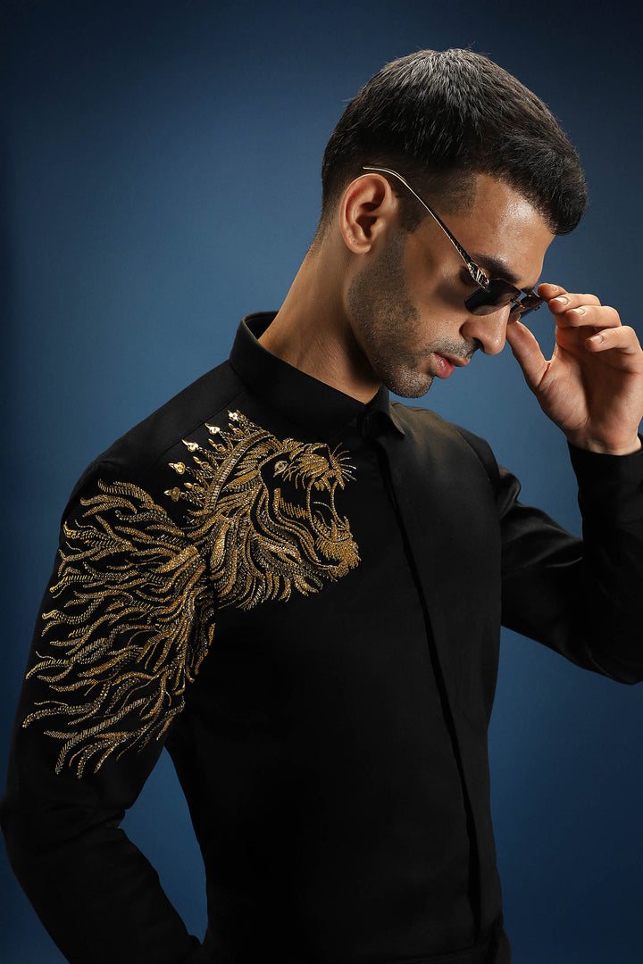 Narasimha (Lion) - Hand Embroidered Designer Shirt - Black