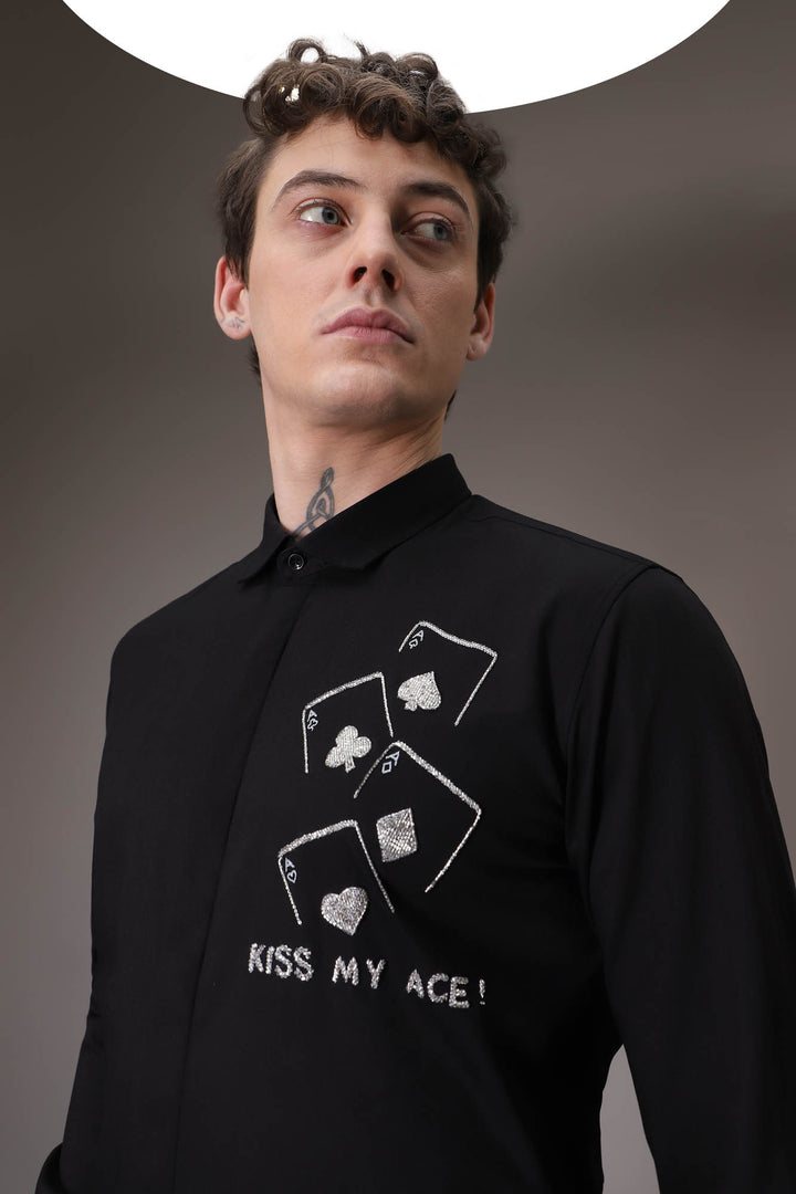 Kiss My Ace hand embroidered designer shirt - Black