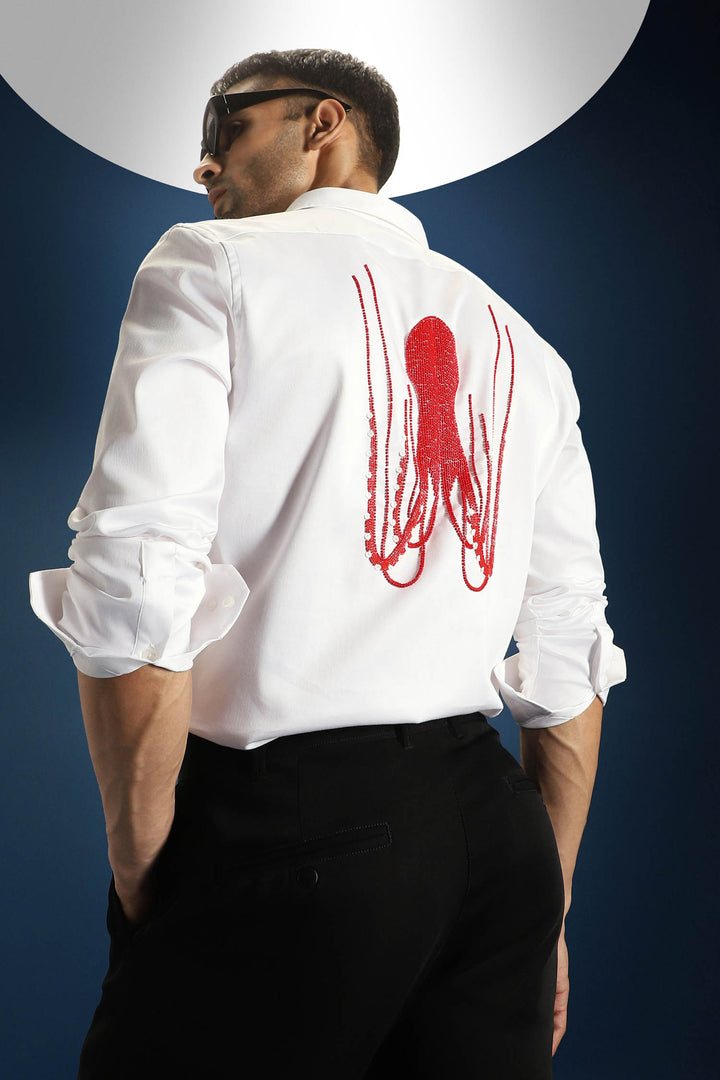Octopus - Hand Embroidered Designer Shirt - White