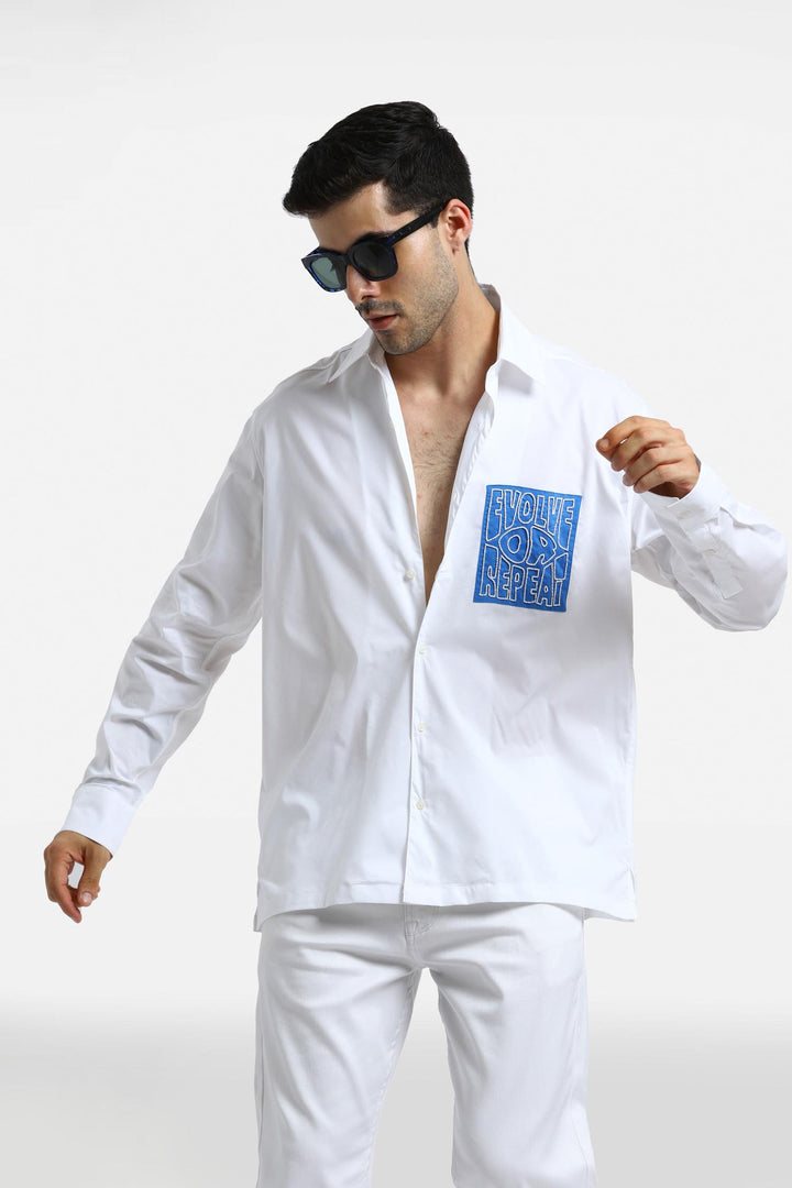 Evolve or Repeat - Hand Embroidered Oversized Designer Shirt - White with blue