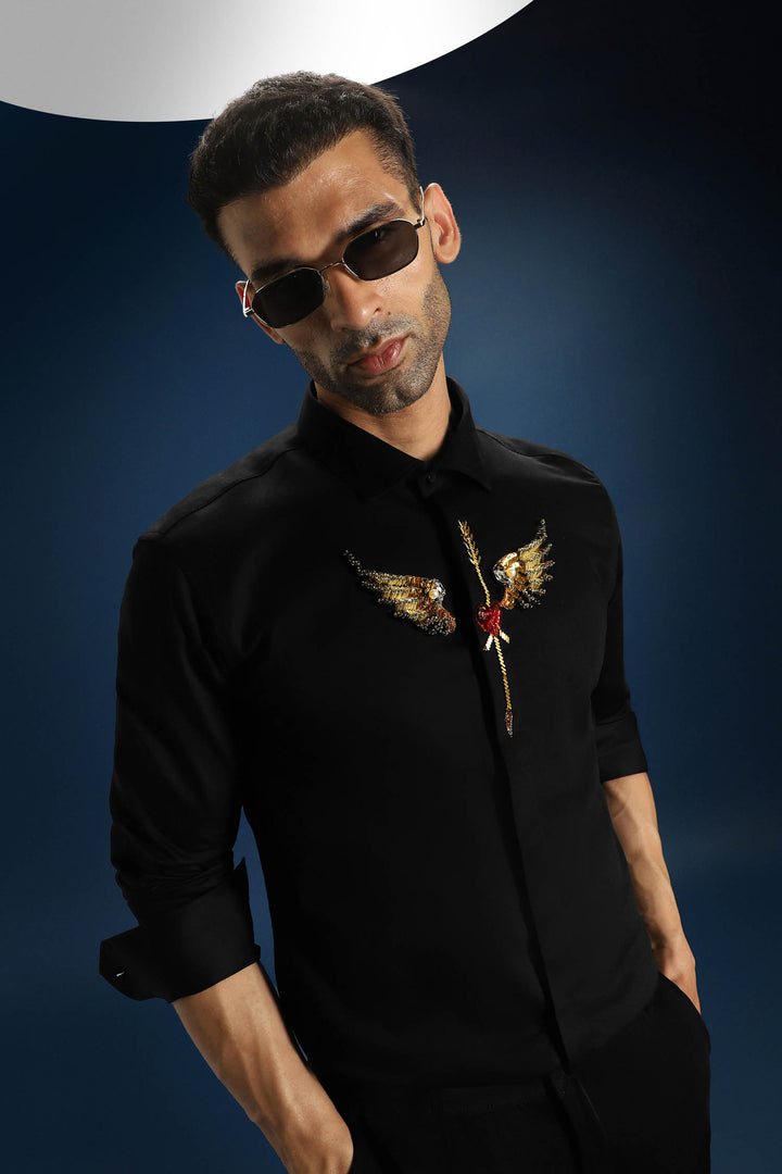 Heart Wing - Hand Embroidered Designer Shirt - Black