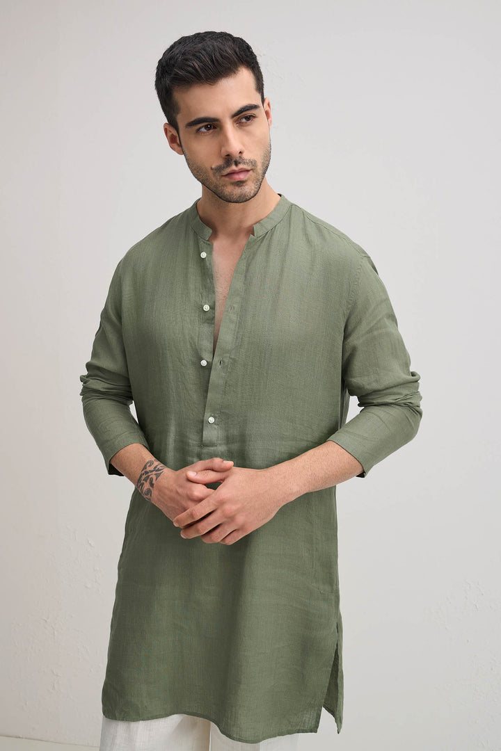 Irish Linen Kurta - Olive Green