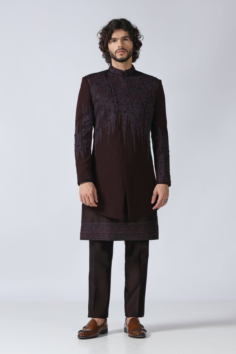 Wine Embroidered Indowestern