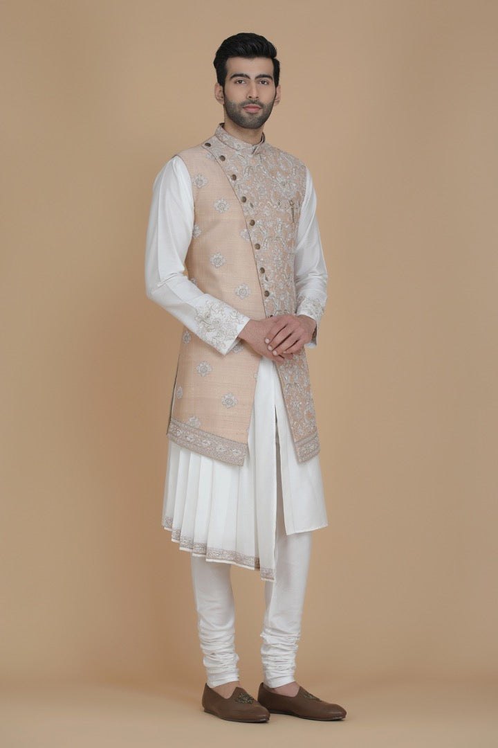 Biege Long Nehru Jacket Embroidered Set