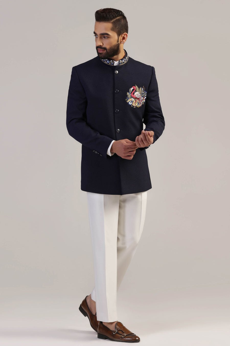 Midnight Flamingo Embroidered Bandhgala Set