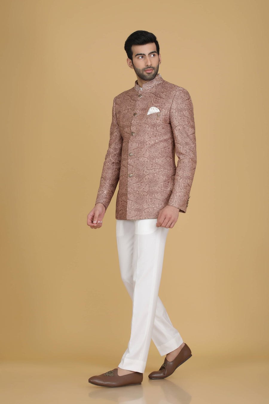 Peach Embroidered Bandhgala