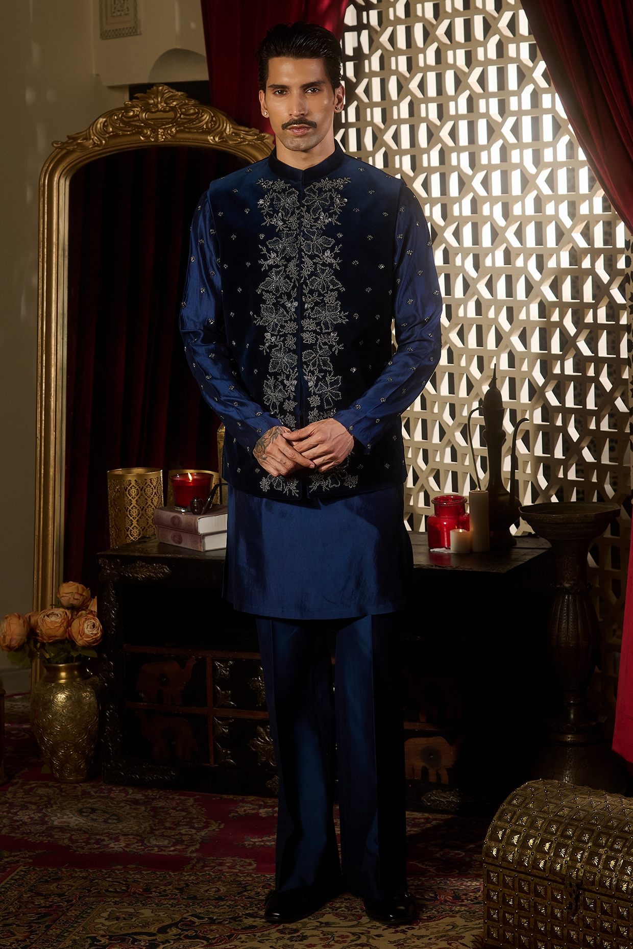 Midnight Navy Velvet Embroidered Nehru Jacket Set